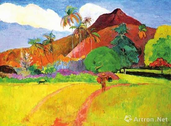 高更在塔希提岛留下的画作至今还在以肆无忌惮的色彩、野性神秘的气息刺痛着人们的眼睛，其中就包括这幅《大溪地之山》