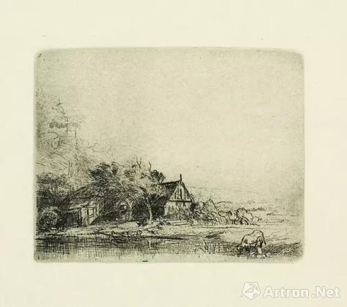 伦勃朗  美国柏文画廊 | 版画 . 风景和牛 10.3 x 12.7 cm  plate size、32.7 x 24.8 cm  sheet size 1650年
