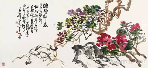 王个簃 牡丹 镜心 设色纸本 癸亥(1983年)作 44.5×96.5 cm