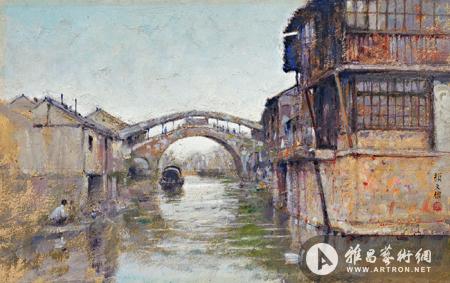 颜文梁  七宝塘桥  1962年作  纸板  油画  19×30.5cm.