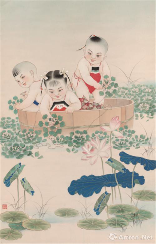 采菱图(娃娃采菱 108x69cm 1959年 工笔设色纸本彩线传深情 126x