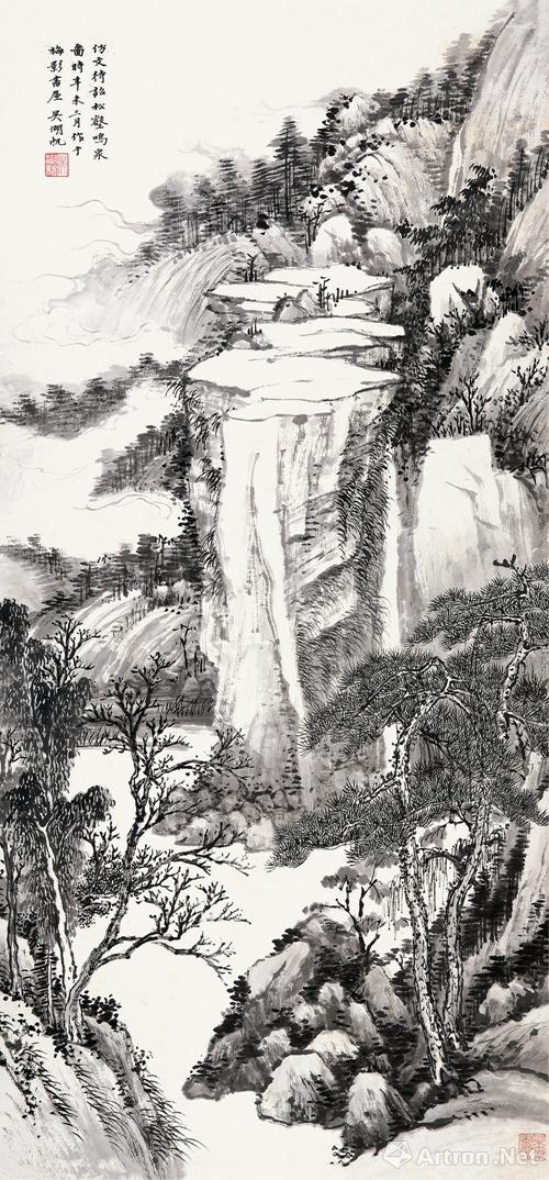 吴湖帆 仿文待诏松鹤鸣泉图 设色纸本 立轴 109×49cm