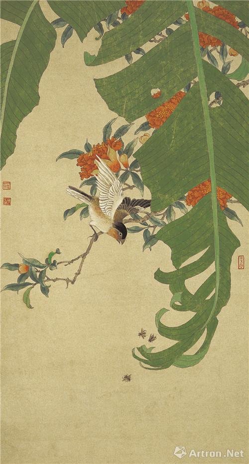 陈之佛 榴花芭蕉图 纸本 设色 62cm×34cm 1950年代