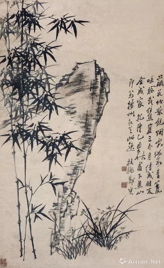 郑燮(款)竹石秀兰纸本 立轴158 × 95cm 成交价:rmb 517,500