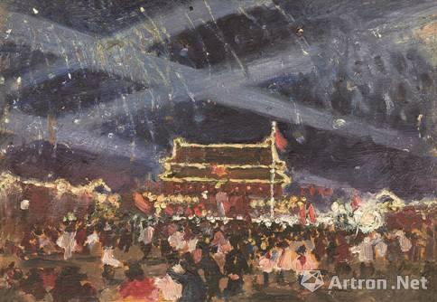 一九五四年的国庆节 1954北京天安门广场 29*20cm 木板油画