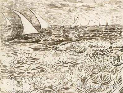 (图7 海上的帆船 1888年 铅笔 芦杆笔 墨水 条纹纸)