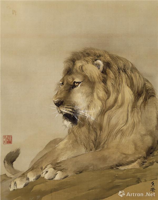 《狮》，设色绢本，63×49cm，何香凝美术馆藏