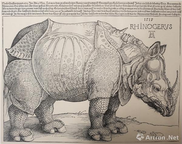 《犀牛》木版画 作者：阿尔布雷希特•丢勒 原版新印(1976)30.7×24.4cm 初拓版收藏于大英博物馆