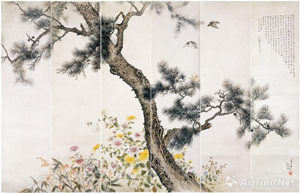 《松•菊》，设色纸本，173×273cm，1931年，何香凝美术馆藏