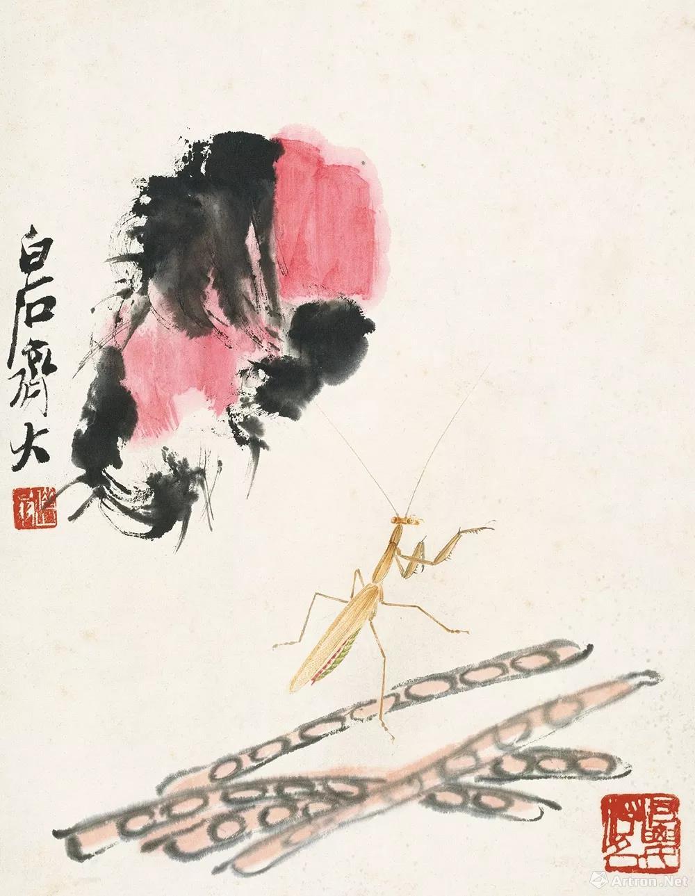 齐白石 工虫画册精品之豇豆螳螂  北京画院藏