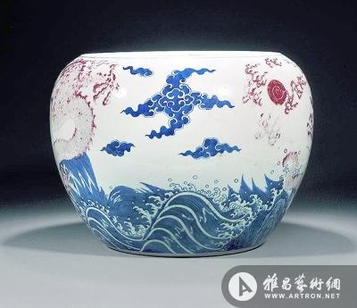 清康熙青花釉里红海水龙纹缸