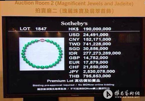 芭芭拉旧藏翡翠珠项链2.14亿港元成交创纪录