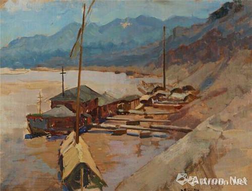 1957-1重庆长江沿线油画风景写生之2《重庆江边的码头》风景写生
