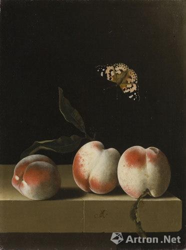 亚德里安·库尔特《红纹蝴蝶与石台上的三个桃子》
